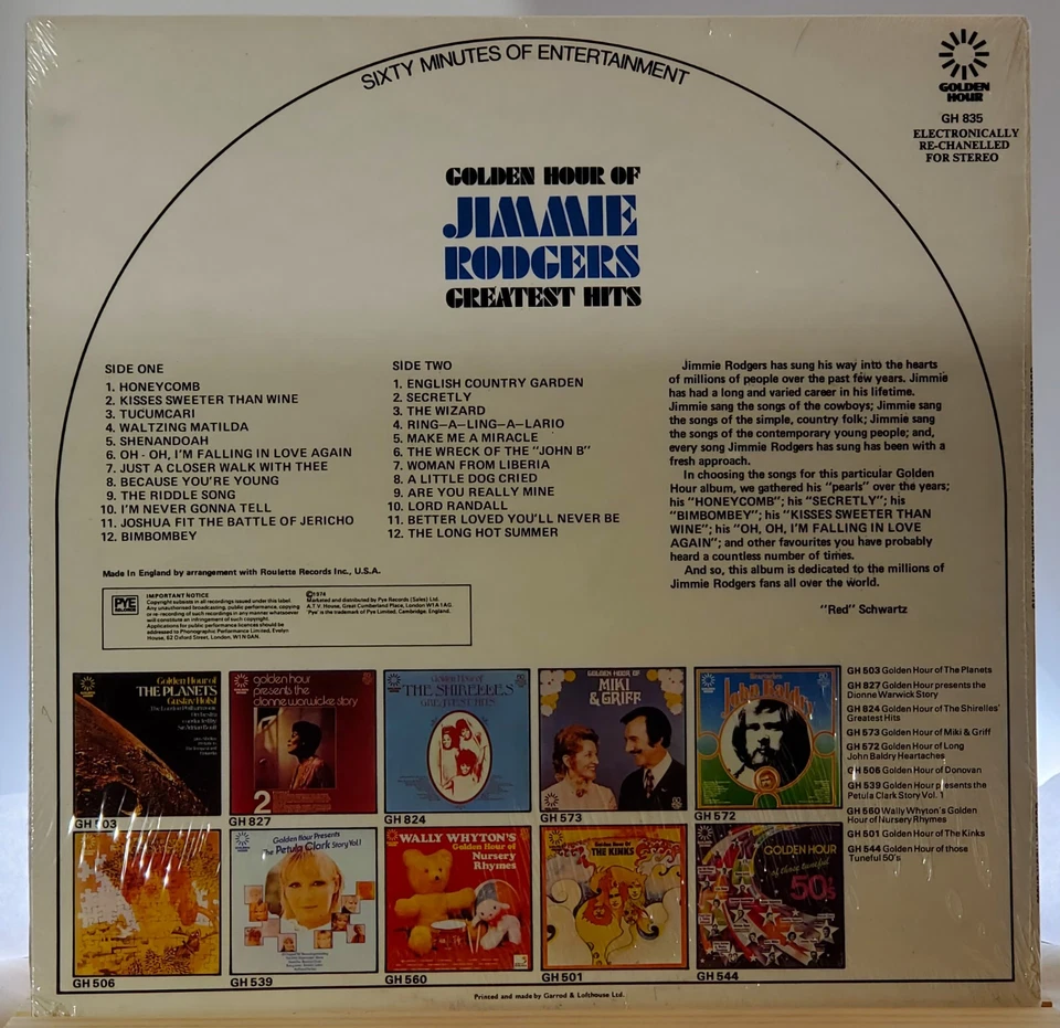 Golden Hour Of Jimmie Rodgers, LP, 1974, Golden Hour – GH 835 [MINT] - Image 2 of 2