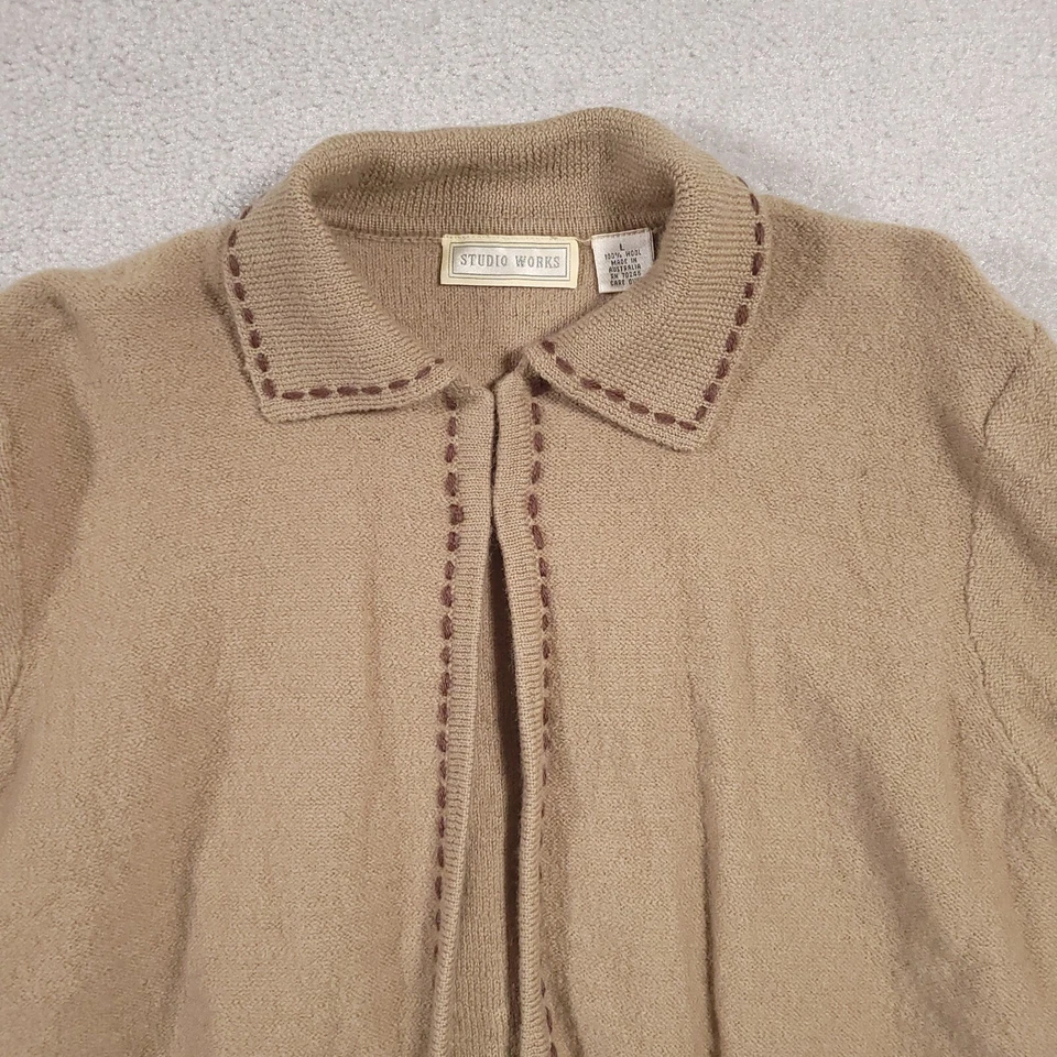 Vintage Studio Works 100% Wool Cardigan Sweater Womens Large Beige Collared - Image 3 of 4