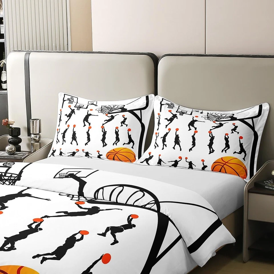 Basketball 100% Cotton Duvet Cover Twin Size 2 Pcs Black Sport Players Silhou... - Image 4 of 4