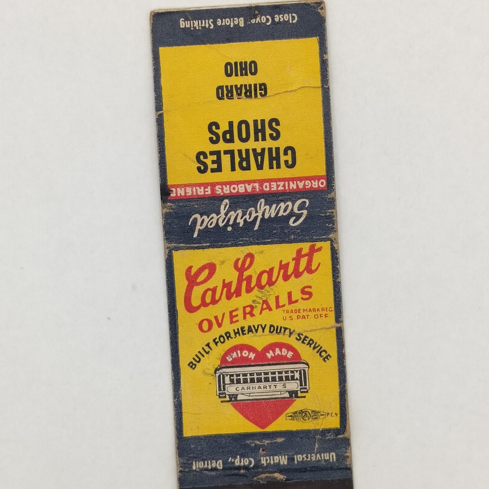 Vintage Matchbook Cover Carhartt Overalls Workwear Girard Ohio Charles Shops thumbnail 2