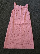 TALBOTS Barbiecore Square Neck Floral Medallion Pink Lace Eyelet Shift Dress 0P