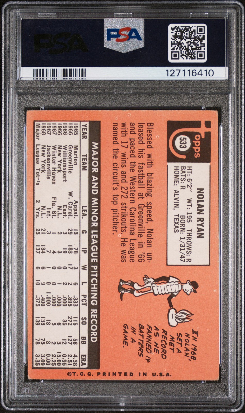 1969 TOPPS #533 NOLAN RYAN PSA 3 view 2