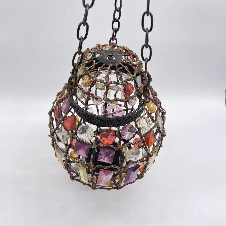 Vintage Moroccan Boho Hanging Candle Lantern 14” Colorful Faceted Glass Wire - Image 4 of 4