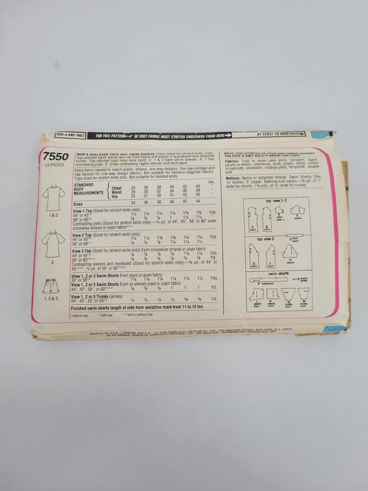 70’s Vintage Sewing Pattern Men's Tops Swim Shorts Size 38 Simplicity  7550 - Image 2 of 4