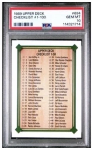 1989 Upper Deck Ken Griffey Jr Rookie Card Psa 10 1989 UPPER DECK #694 CHECKLIST #1-100 KEN GRIFFEY ROOKIE #1 PSA 10 Rare Pop 29 !