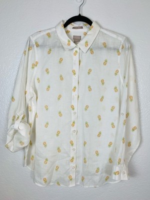 Chico's Button Up Shirt Large 12/14 White Pineapple Print 100% Linen Roll Tab