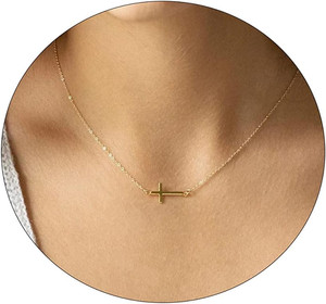 Authentic Gold Cross Necklace for Women 14K Gold Plated Cute Sidways Cross Pendant Choker