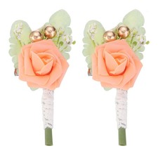 2 Pcs Groom Boutonnieres Rose Boutonnieres Pins 3"x5" for Wedding Orange