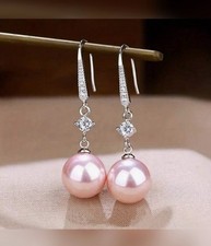 Pink Faux Pearl Crystal Earrings Silver Tone Hook Drop Dangle Earrings Pierced