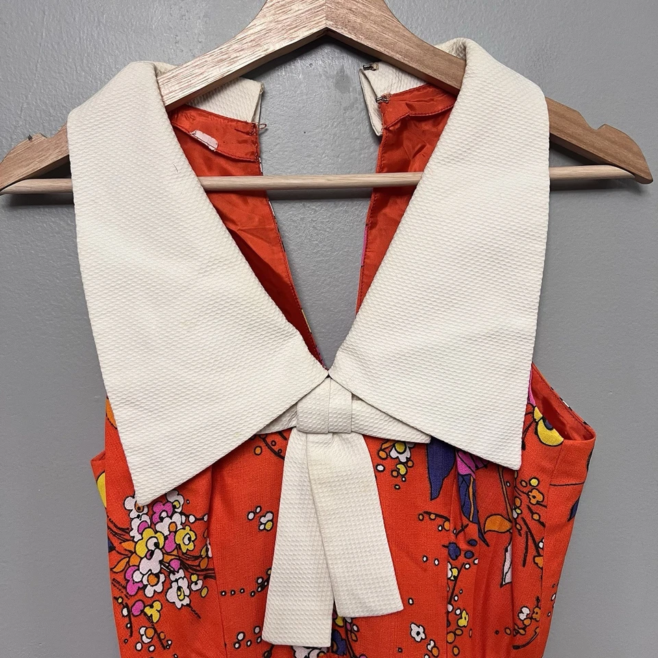 Винтажный 60-х яркий цветной длинный макси платье с белый воротник/бант цветок питания богемное 4 - Изображение 3 из 4