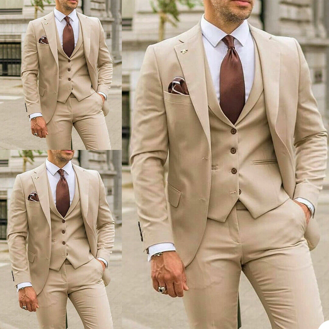 Beige Men 3 Piece Suit Notch Lapel Formal Party Prom Groom Tuxedo Wedding  Suits