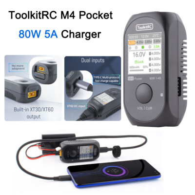 ToolkitRC M4 Pocket DC 80W 5A Charger for 1-4S Lipo Battery Quick Charger