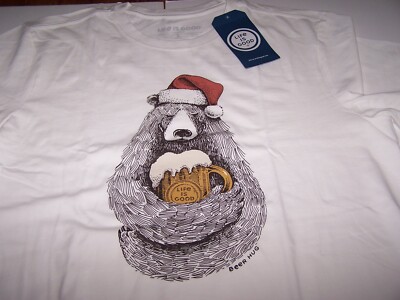 Life is Good BEER HUG SANTA BEAR S/S Shirt CLOUD WHITE Men's Large ~ NWT