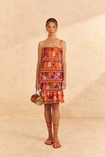 Farm Rio Anthropologie Coral Summer Sun Mini Dress Smocked Resort XXS NEW 259851