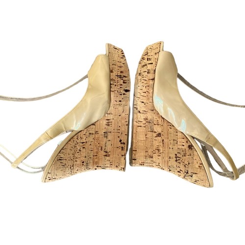 MIU MIU Beige Patent Leather Peep Toe Slingback Cork Wedge Sandals, Size 38 - Picture 10 of 13