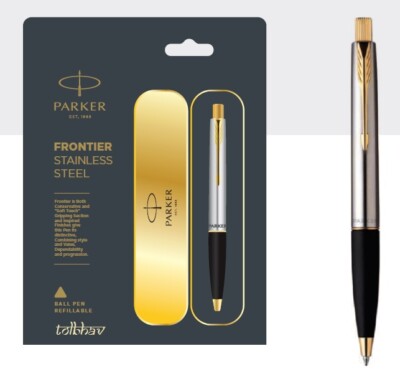 Parker Frontier Edelstahl SS GT Kugelschreiber BP Goldrand Quink blaue Tinte