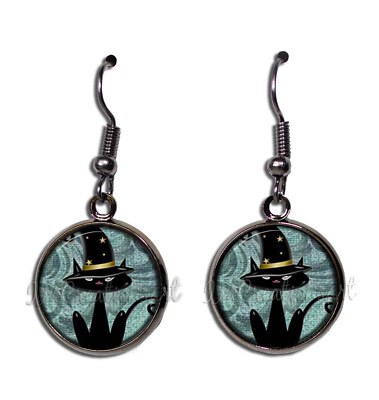 Halloween Wizard Black Cat - Handmade Resin Dangling Earrings GUNMETAL BLACK