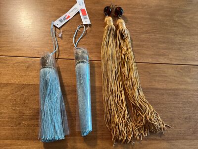 Tassels 2 Sets Fringed Gold Ones With Glass Beads Aqua With Gold Tops 