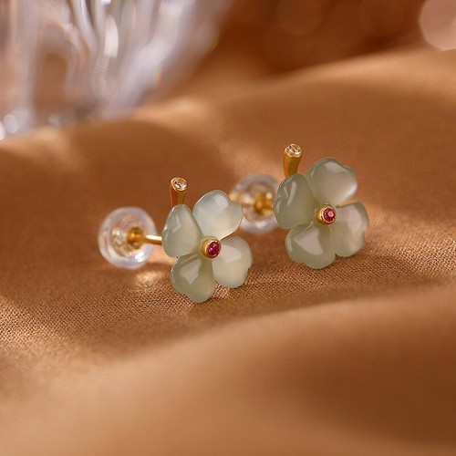 Women Artsy Flower Jade S925silver Earrings