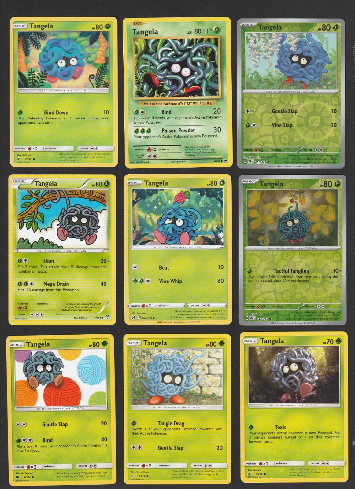 Tangela Pokemon Card Collection Set of 9 English Cards Cute Grass Type Basic