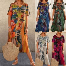Retro Boho Print Maxi Dress Ladies Holiday Casual Short Sleeve Dresses Plus Size