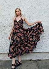 Black Paisley Print Halter Maxi Dress Colorful Boho Chic Tassel Detail