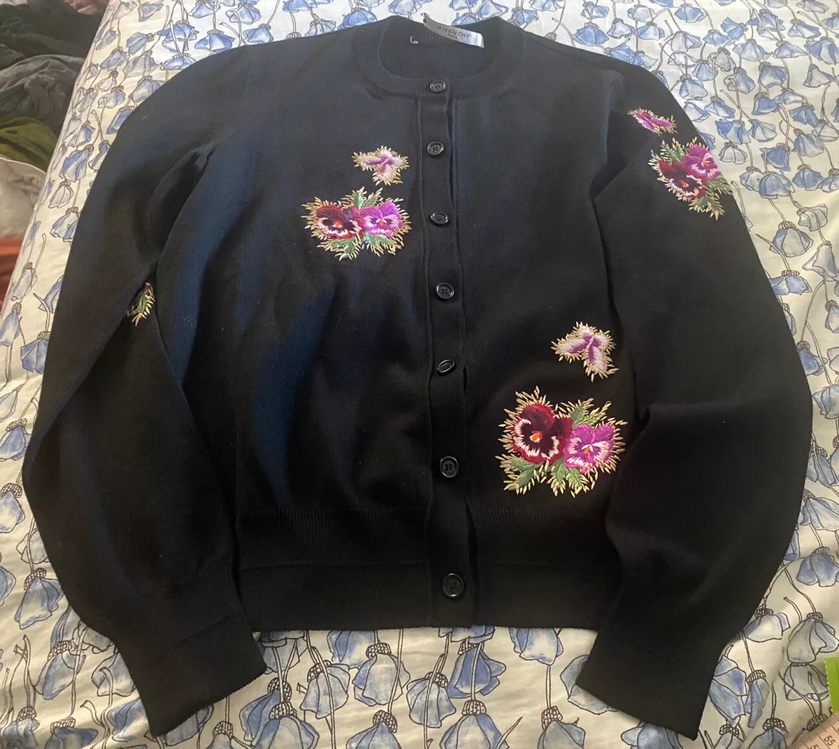 Givenchy Cardigan Sweater Black Floral Embroidered Medium Perfect