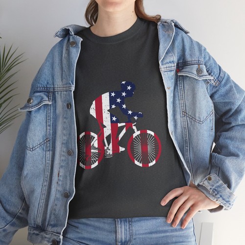 Cycling Bicycle Unisex Heavy Cotton Tee T-Shirt 'American Cyclist' - Picture 99 of 118