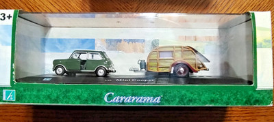 Cararama Hongwell Mini Cooper w/ Camper Travel Trailer 1:43 Diecast