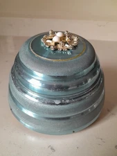 Vintage 1950s Blue Metallic Aluminum Vanity Powder Puff Ornate Top Music Box