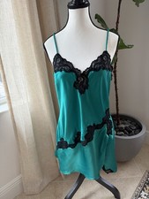 Vintage 90s Victoria  s Secret Gold Label Teal Satin Green Lace Slip Dress M