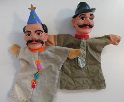 2 Vintage Hand Puppets Mustaches Rubber Faces Cloth Clothes