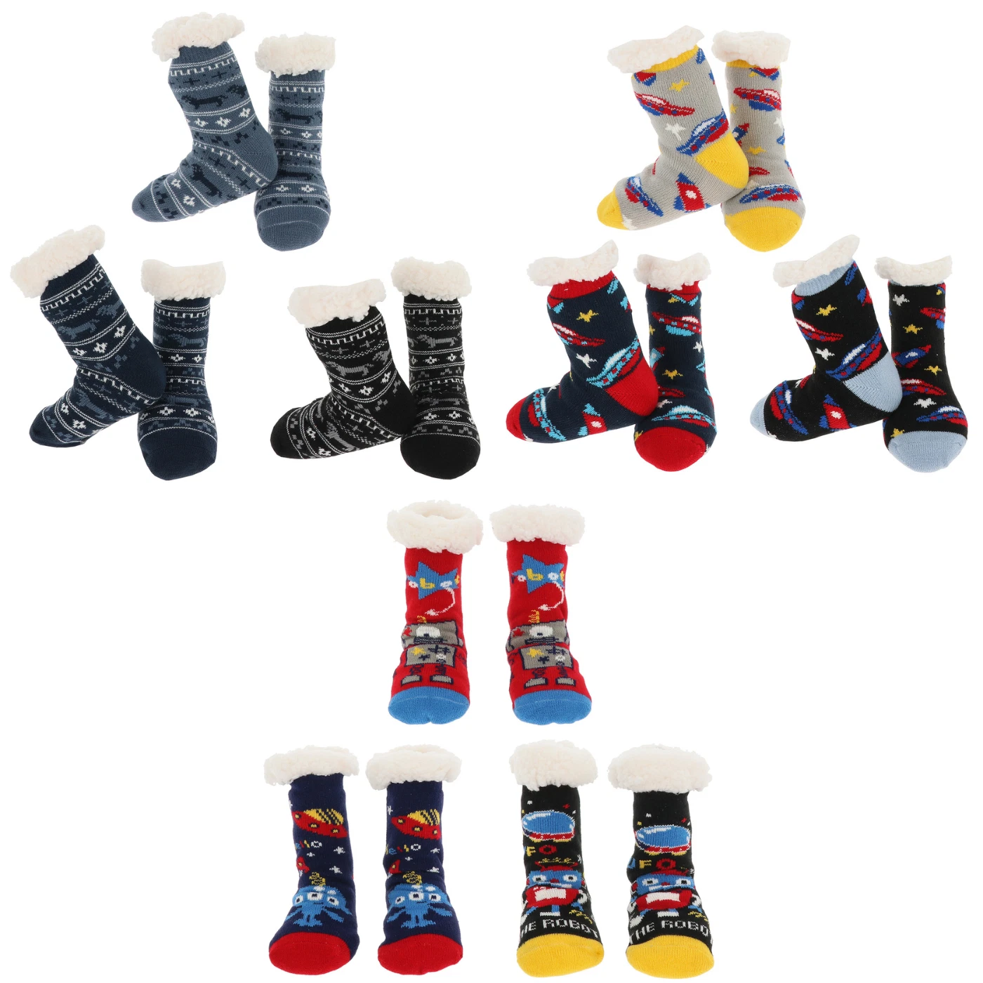 Nuzzles Kids Cosy Slipper Socks – Boys 3 Pack, Fleece-Lined, Non-Slip Soles