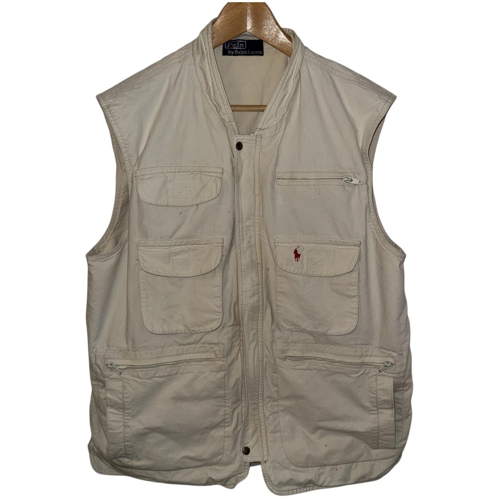 Vintage 90s Polo Ralph Lauren Utility Safari Vest / Jacket, Beige, Men’s Medium