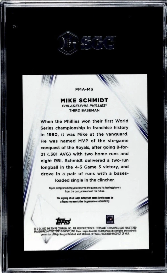 2022 Topps Finest Mike Schmidt GOLD REFRACTOR /50 SGC 9.5 w/10 AUTO - Image 2 of 2
