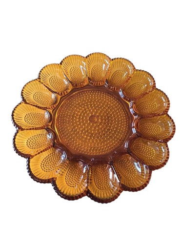 Vintage 11.25" Indiana Glass Amber Deviled Egg Platter Plate Vintage Hobnail