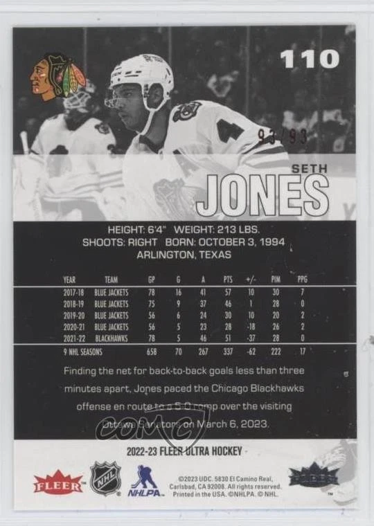 2022-23 Upper Deck Fleer Ultra Red Foil /93 Seth Jones #110 - Image 2 of 2