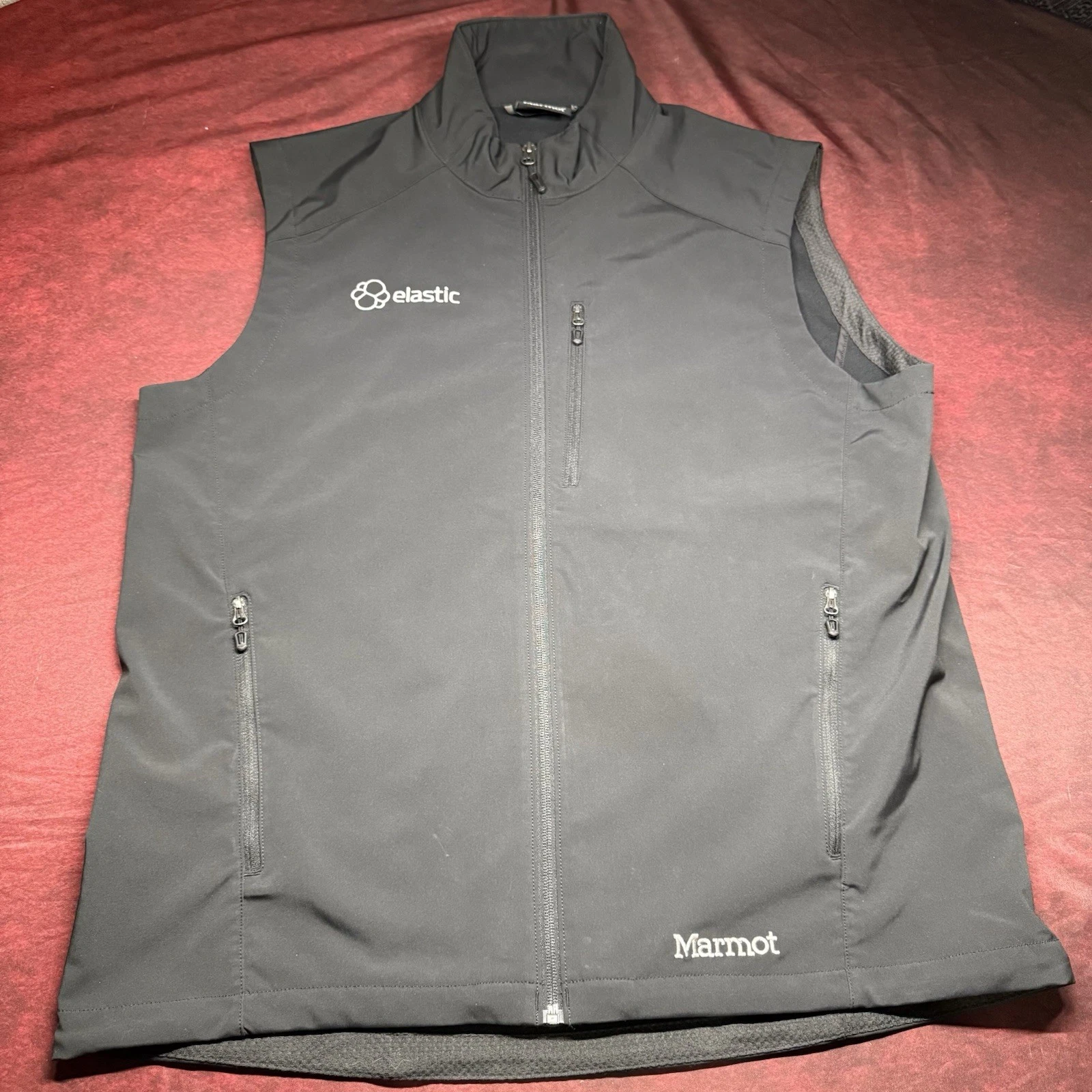 Marmot Approach Vest Mens XL Black Softshell Full Zip Pockets 98070 Elastic Logo