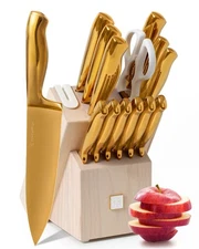 Gold Knife Set for Kitchen with Block and Sharpener – 14-Piece Razor Sharp Ti...