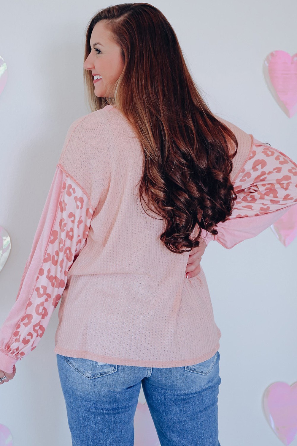 Pink Leopard Patchwork Top L Exposed Seam Waffle Knit Long Sleeve UK Size 14 image 2