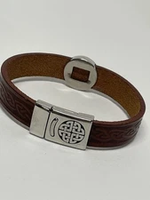 Lee River Celtic Knot Brown Leather Cuff Silver Bracelet Ireland, Magnet Clasp