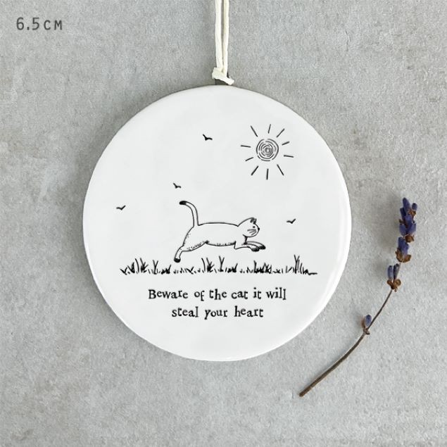 East of India White Ceramic Round ""Beware of the Cat"" Hang Decor sign 6.5cm
