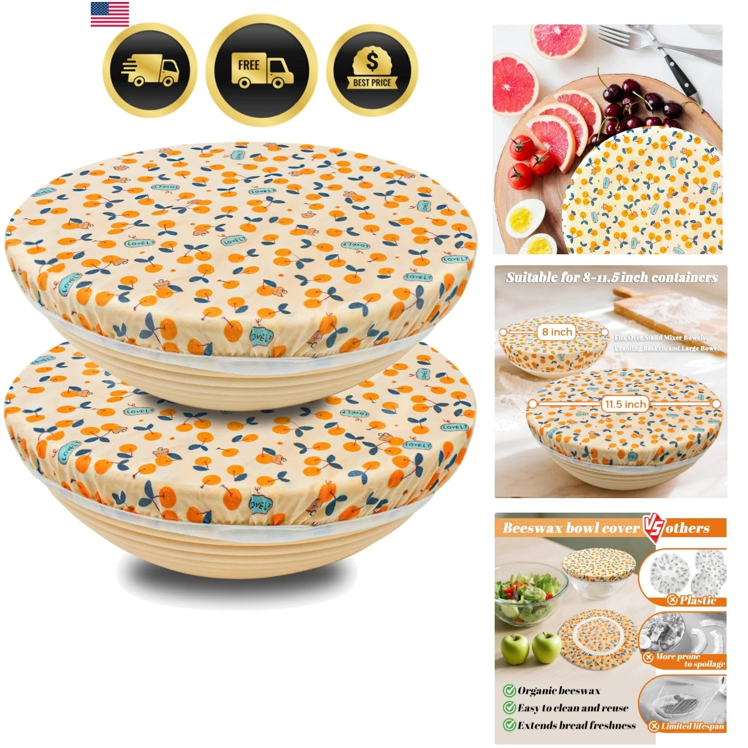 Reusable Beeswax Bowl Covers 2 Large, Elastic Cotton Cloth Sourdough Bread Co...