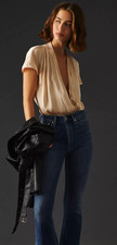 PAIGE Dijon Bodysuit Women s XS Beige Surplice Short Sleeve Draped Stretch Top