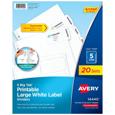 Avery Big Tab Printable Large White Label Dividers For 3 Ring Binders 5 Tabs