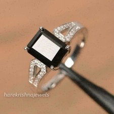 2.55CT Emerald Cut Real Black Onyx Engagement Wedding Ring 14K White Gold Finish