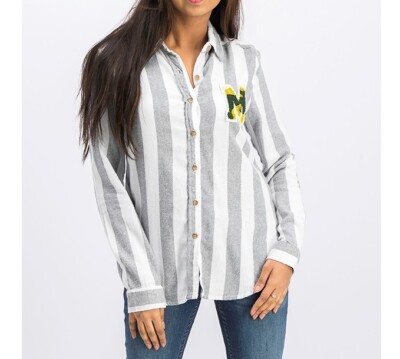 Polly & Esther Junior Womens S Gray White Striped Plaid Patch Button Up Top NWT