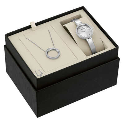 Bulova 96X154 Silver Tone Swarovski Crystal Watch & Crystal Halo Pendant Set