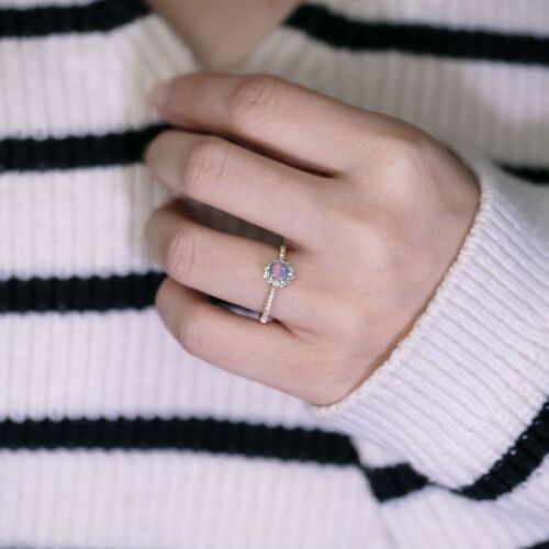 Adorable Australian Black Opal Halo Diamond Engagement Ring 18K Yellow Gold - Picture 2 of 12