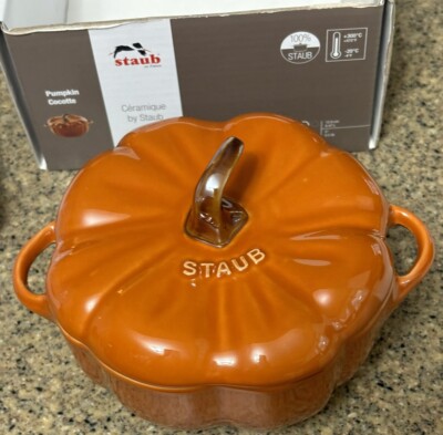 Staub Ceramic Pumpkin Cocotte 5  .5 Qt Cinnamon Orange NIB 2 Piece Harvest